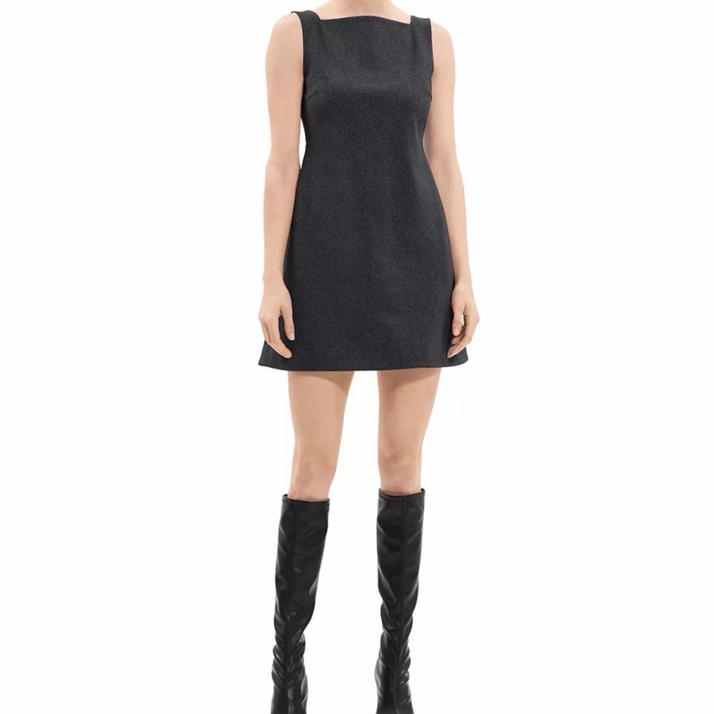 Sleeveless Black Shift Dress- Herringbone Pattern